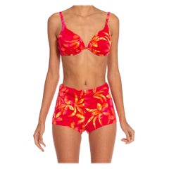 1970S Cranberry Red Tiki Tropical Poly/Lycra Bikini Swimsuit