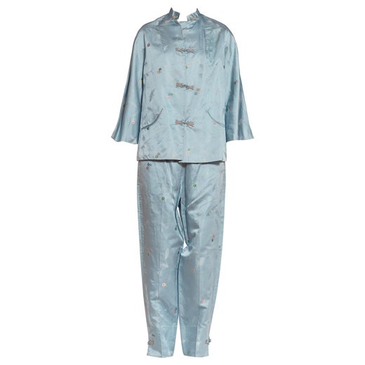 1970'S Teal Silk Brocade Chinese Pant Suit For Sale at 1stDibs