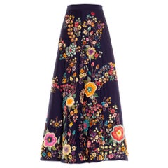 Vintage 1970S Navy & Rainbow Floral Embroidered Maxi Skirt