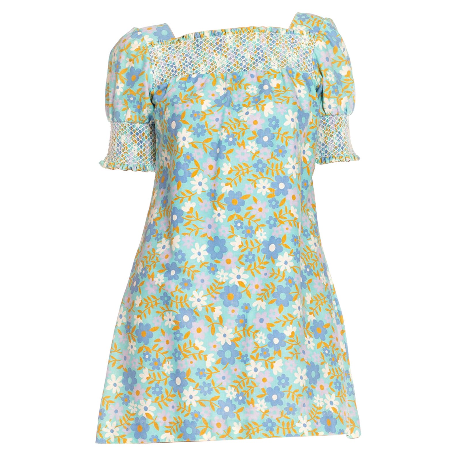 1960S Blue & Green Cotton Mod Floral Dress For Sale