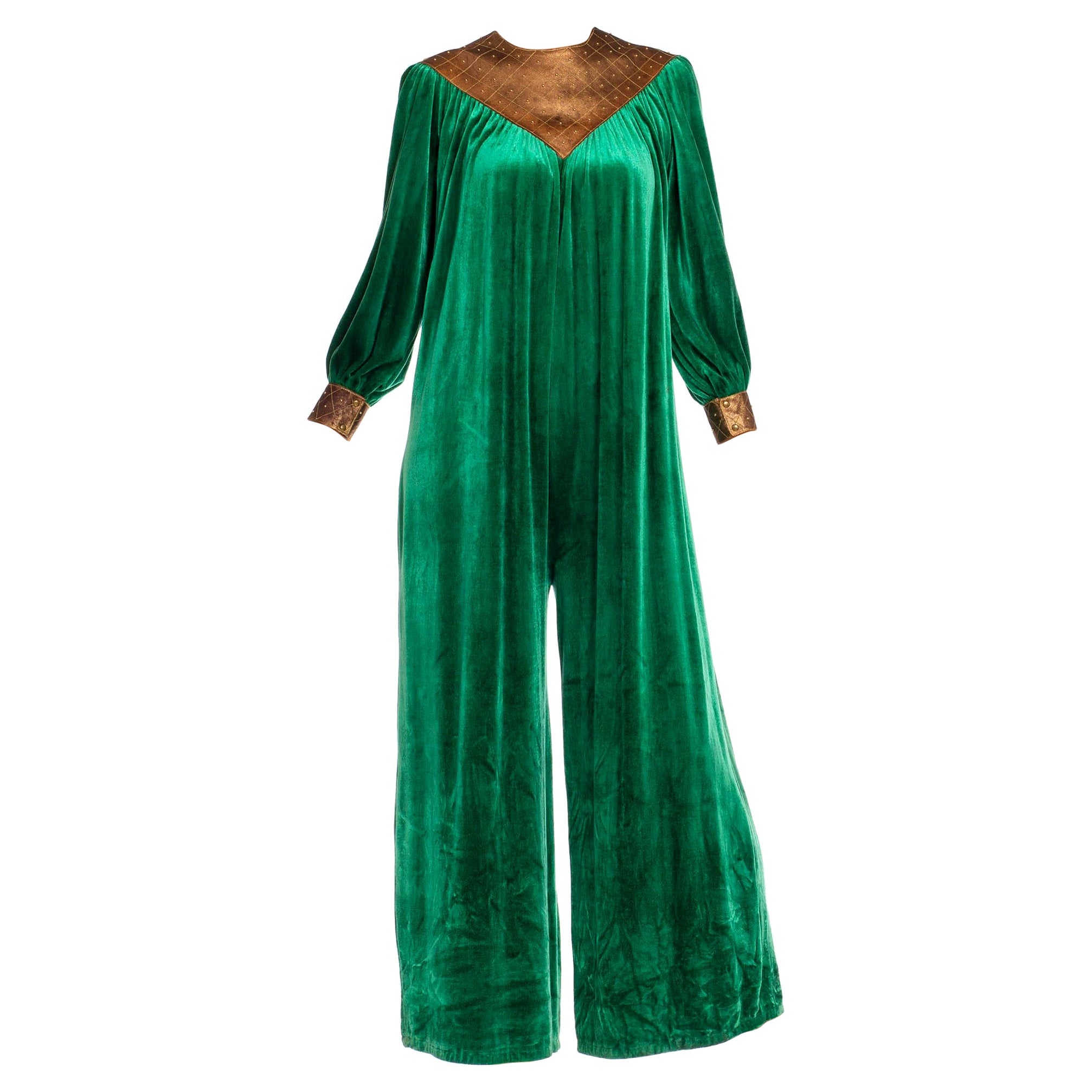 1930S Emerald Green & Gold Polyester Velvet Jumpsuit Made In Italy For Sale
