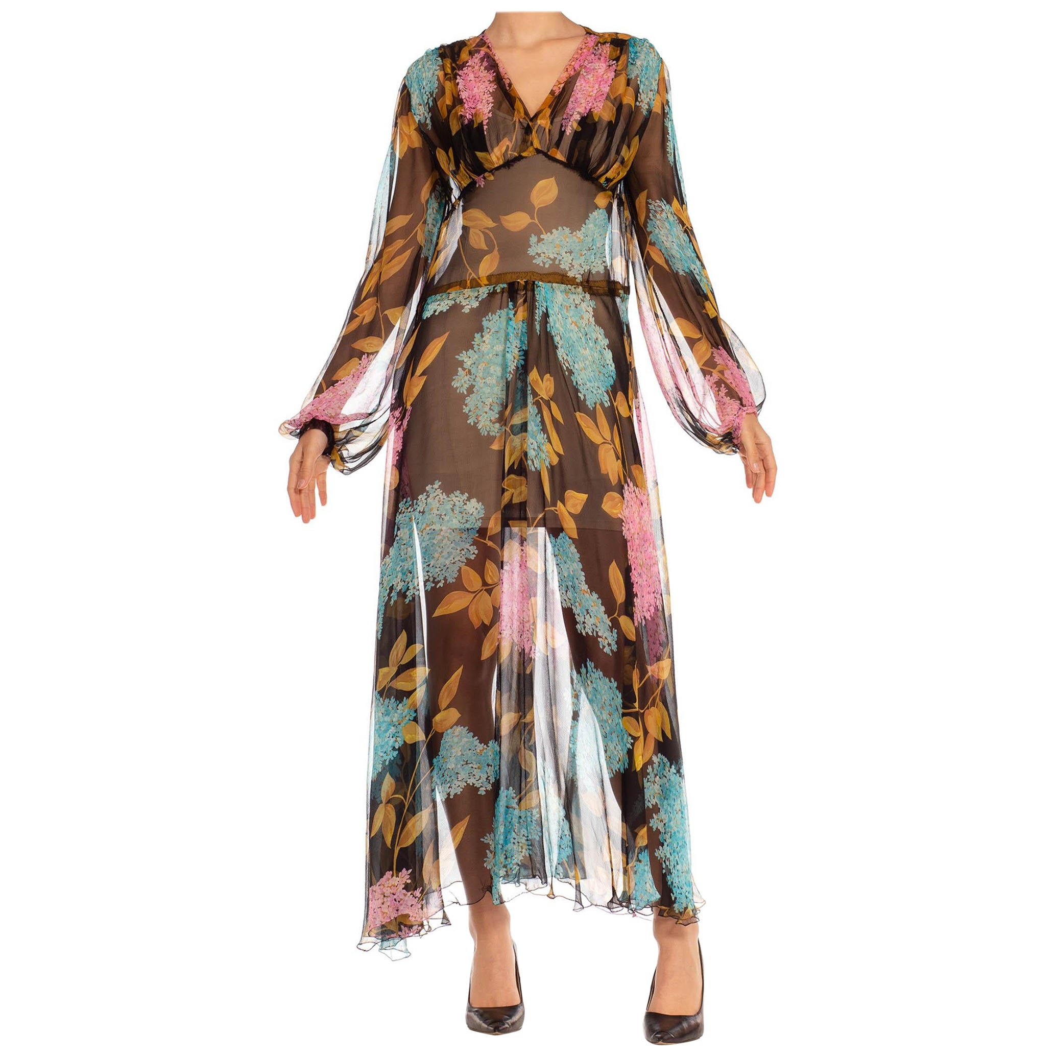 1970S Black Pink & Blue Silk Chiffon Floral Sheer Dress For Sale