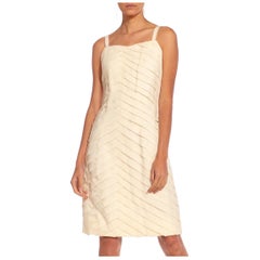 1980S Ivory Polyester Chevron Pleated Cocktail Dress