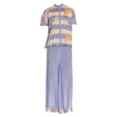 Vintage 1930S Light Blue & White Rayon Deadstock Beach  Pajamas Ensemble