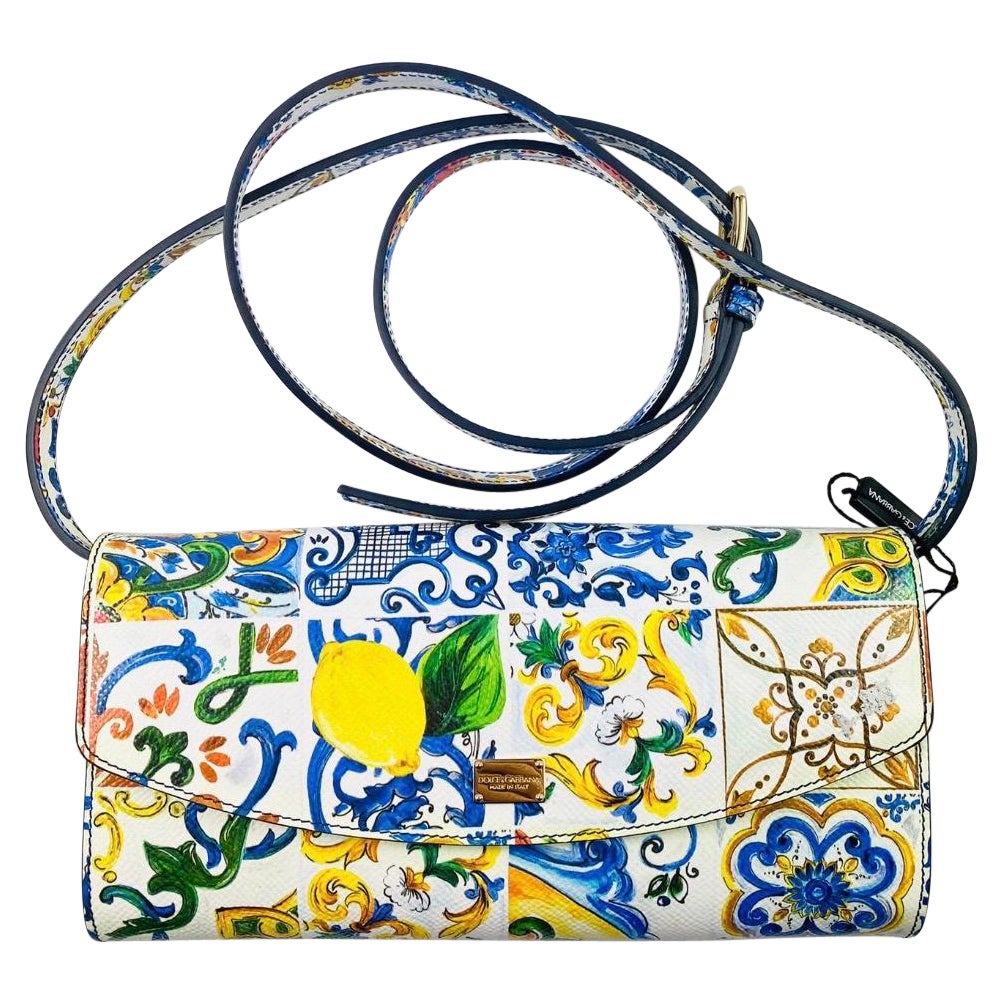Dolce & Gabbana leather multicolour majolica printed purse cross body clutch 