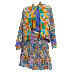 1980S Blue & Orange Multi Poly Blend Floral Geometric Blouse Skirt Jacket Ensem