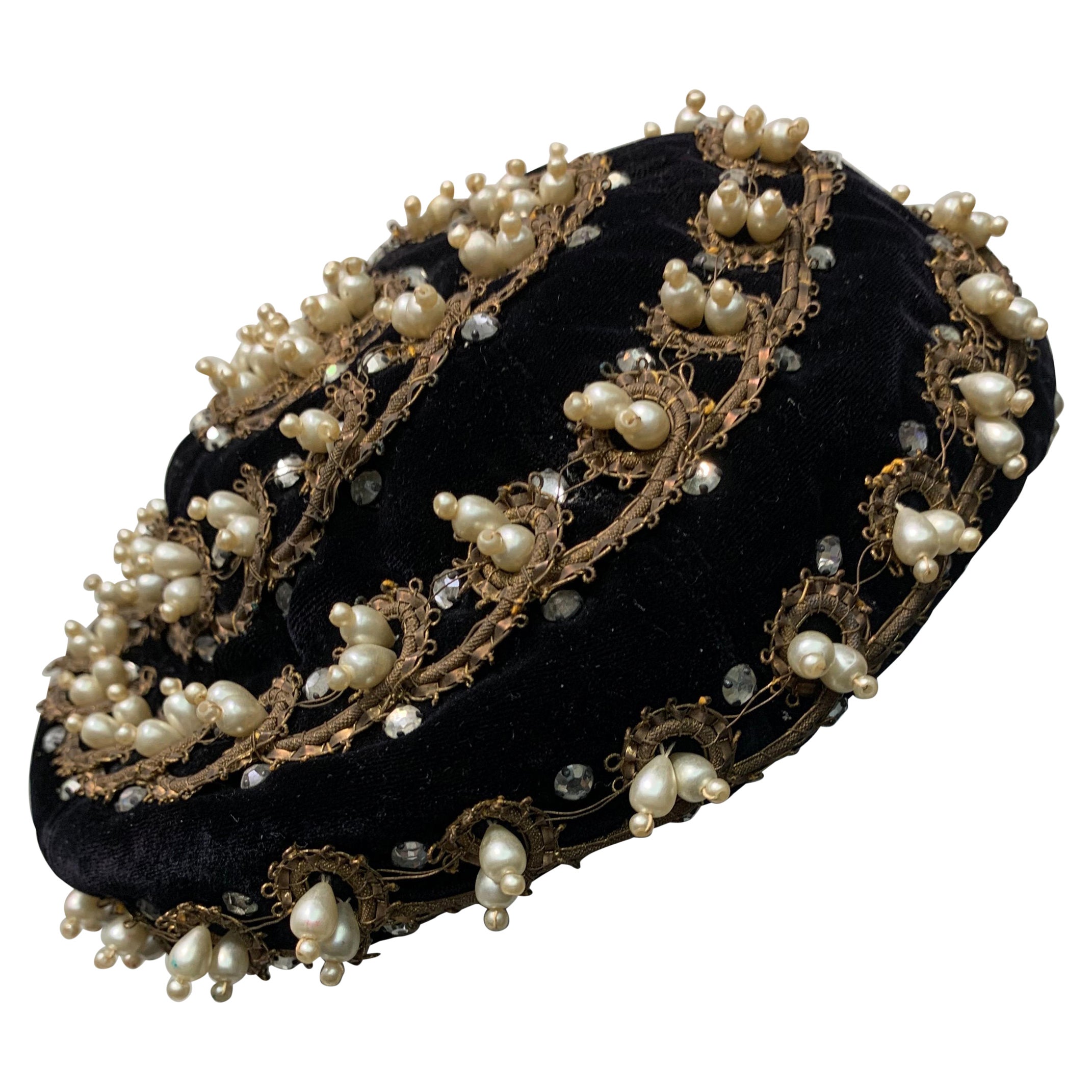 1950s Saks Fifth Avenue Velvet Beret Hat w/ Gold Edged Spiral Design and  Pearls at 1stDibs