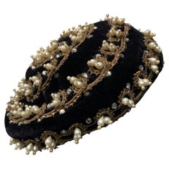 1950s Saks Fifth Avenue Velvet Beret Hat w/ Gold Edged Spiral Design & Pearls