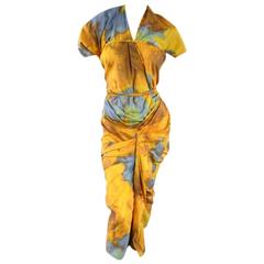 VIVIENNE WESTWOOD Size 6 Beige & Blue Marble Watercolor Draped Wrap Tie Dress