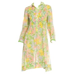 Vintage 1960S Green & Pink Multi Cotton Spring Floral Shirt Dress