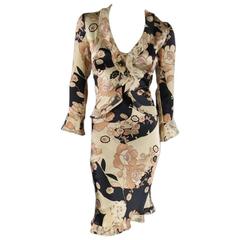 ETRO Size 4 Beige & Black Floral Silk Long Sleeve Ruffle Detail Dress