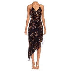 1990S Black & Copper Beaded Silk Chiffon Asymmetrical Floral Halter Dress