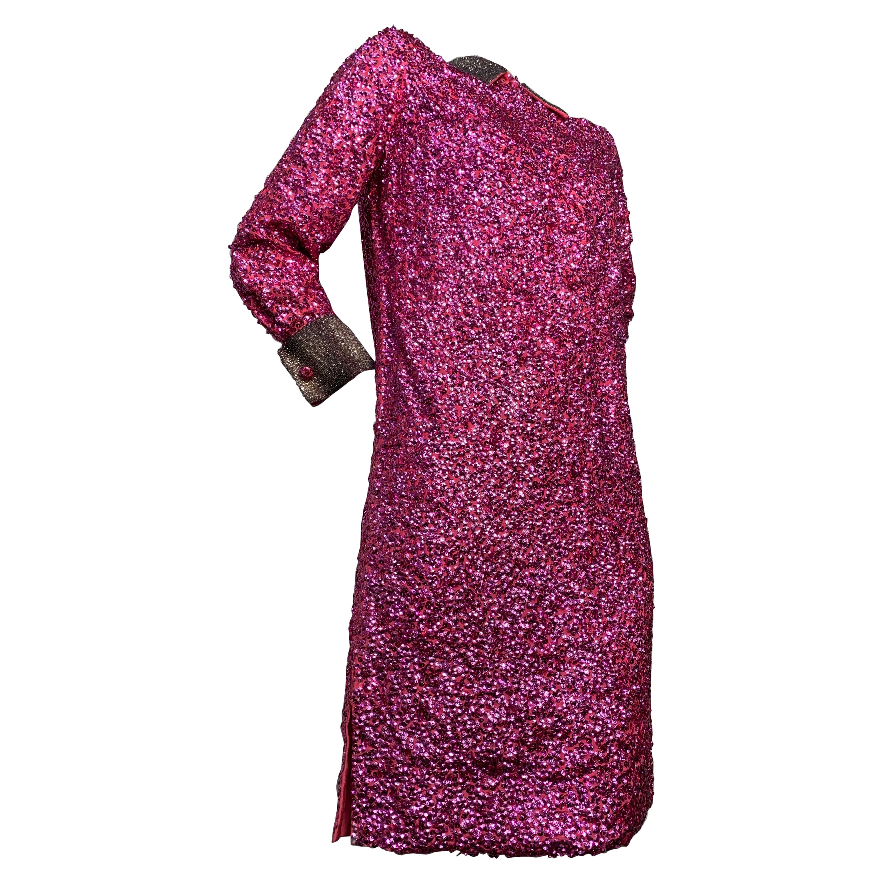 1960s Vivid Fuchsia Sequined Mod Mini Dress w/ Silver Beaded Collar and Cuffs For Sale