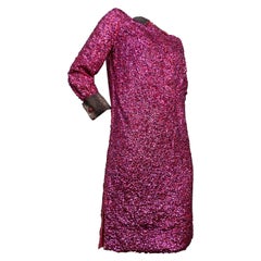 Vintage 1960s Vivid Fuchsia Sequined Mod Mini Dress w/ Silver Beaded Collar and Cuffs