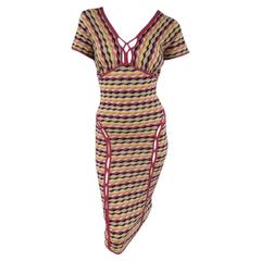 MISSONI Size 8 Pink Ranbow Striped Cut Out Piping V Neck Dress