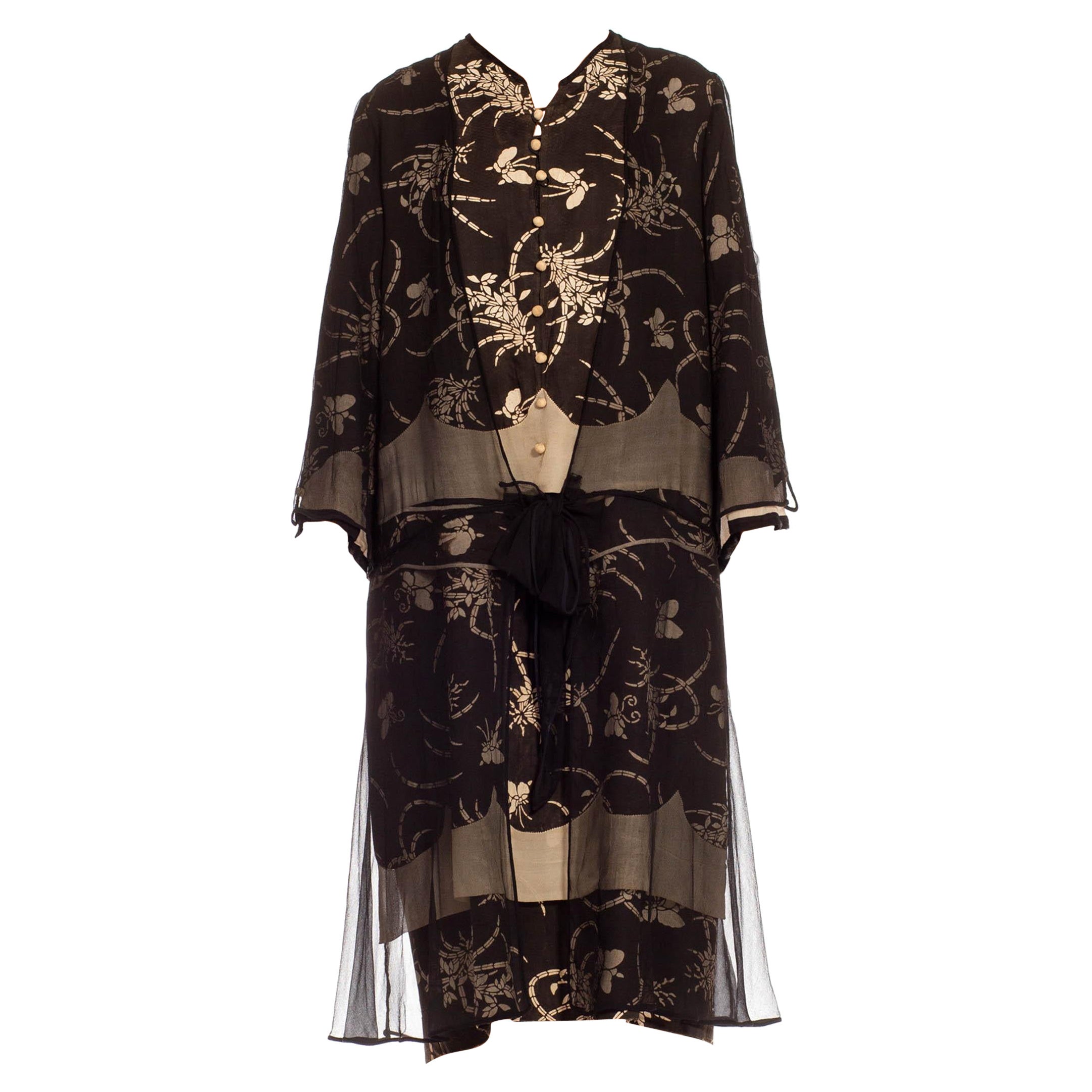 1920S Black & Cream Silk Chiffon Made From Quing Dynasty Japanese Butterfly Kim For Sale
