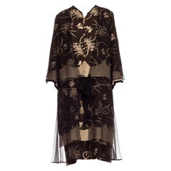Schwarzer und cremefarbener Seidenchiffon aus der Quing-Dynastie, Japanischer Schmetterling-Kimono, 1970er Jahre