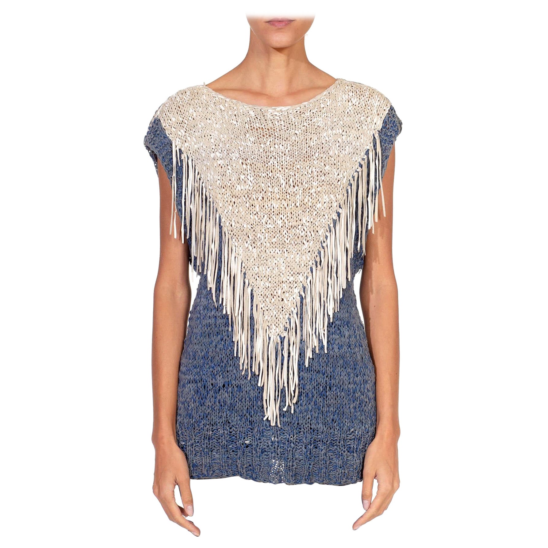 1970S Blue & White Suede Knit Leather Strips Top With Fringe For Sale