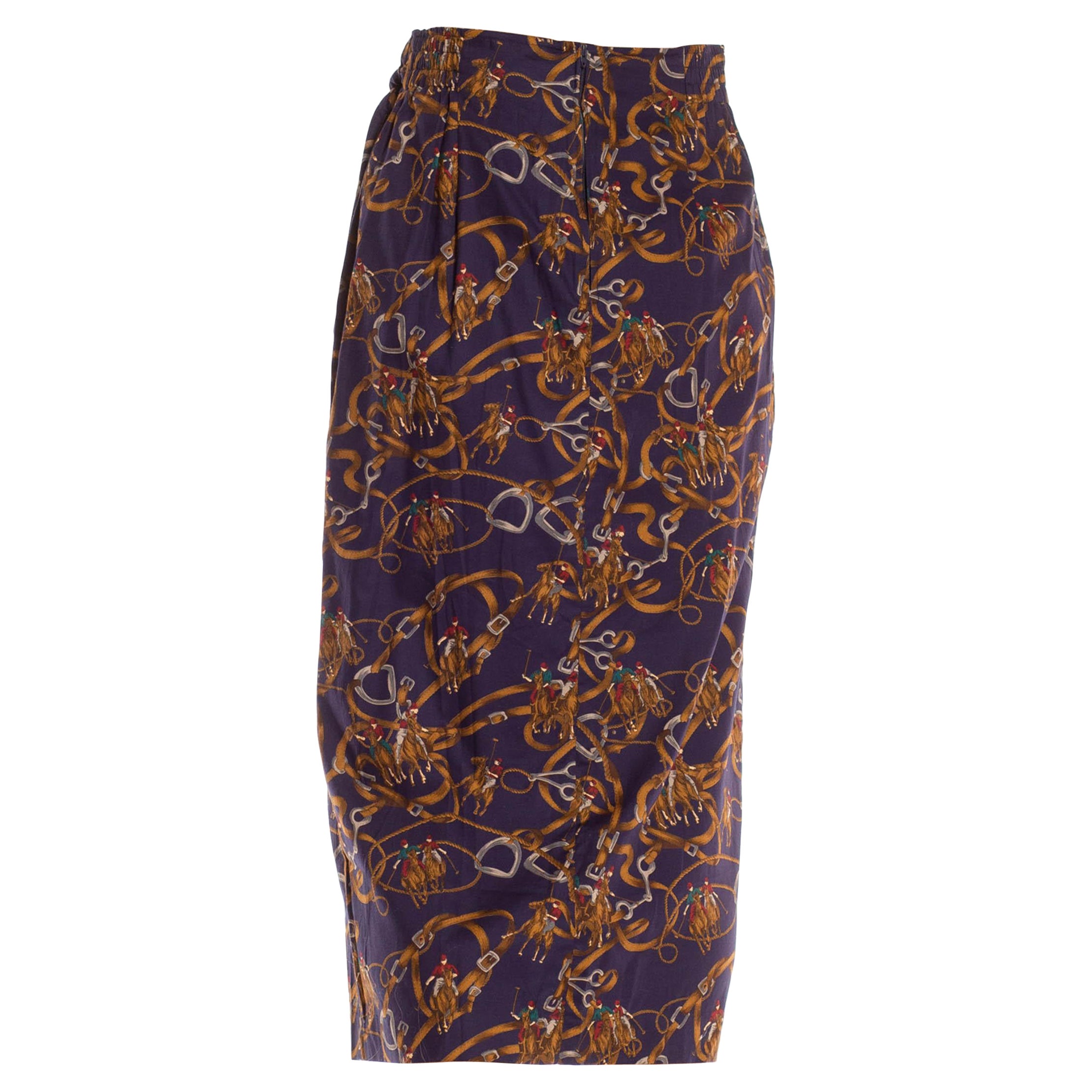 1990S Navy & Brown Cotton Blend Equestrian Print Skirt For Sale