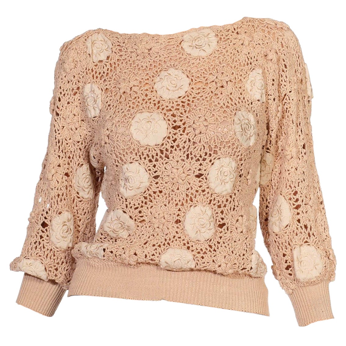 1970S Beige & Ivory Cotton Crochet Floral Knit Sweater For Sale