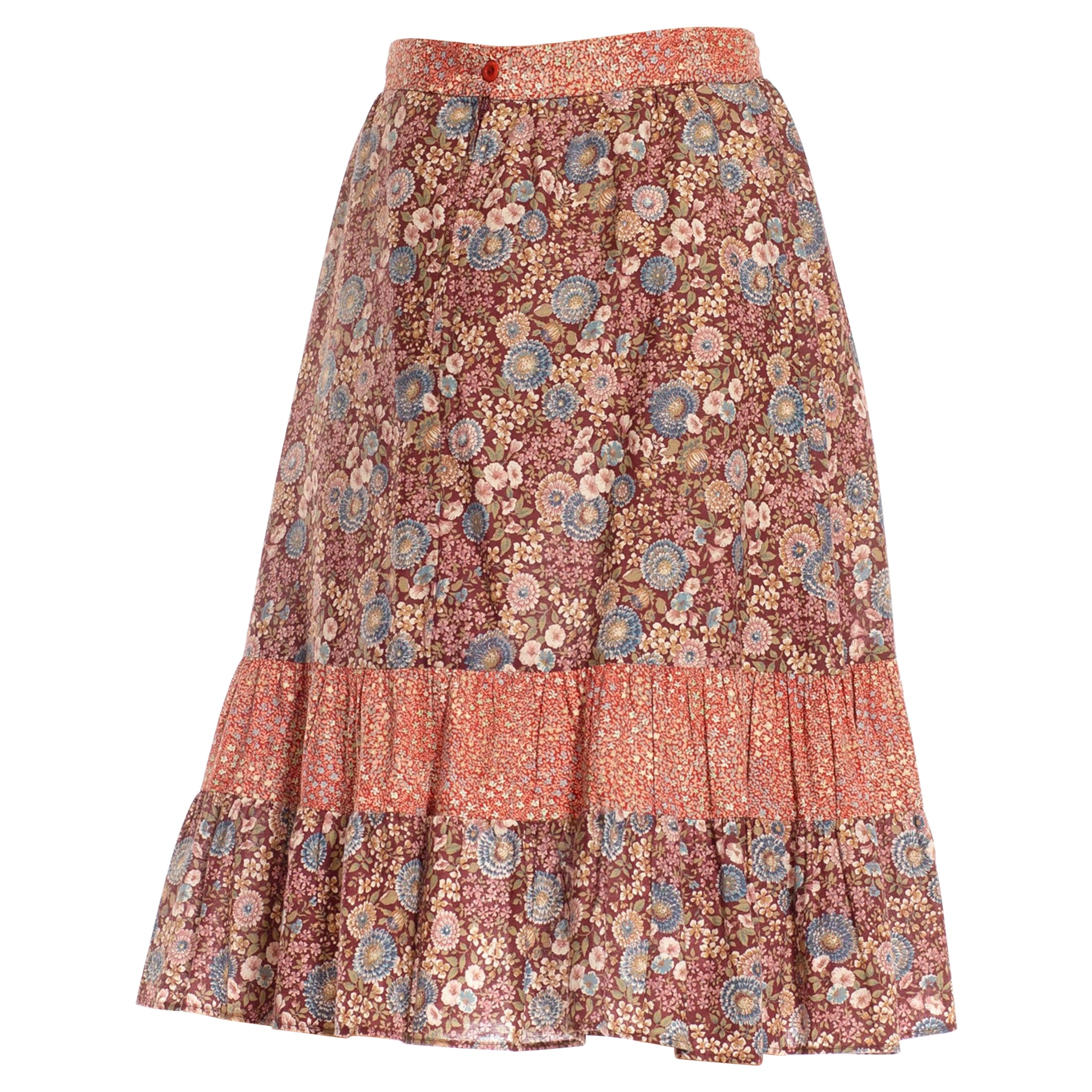 1970S Burgundy & Dusty Pink Cotton Ditsy Floral Print Mix Skirt