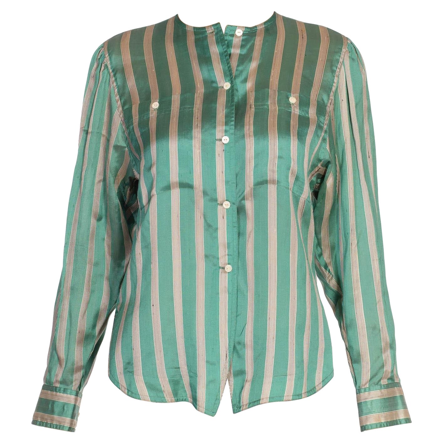 1980S Gucci Teal & Cream Silk Stripped Button Down Blouse For Sale