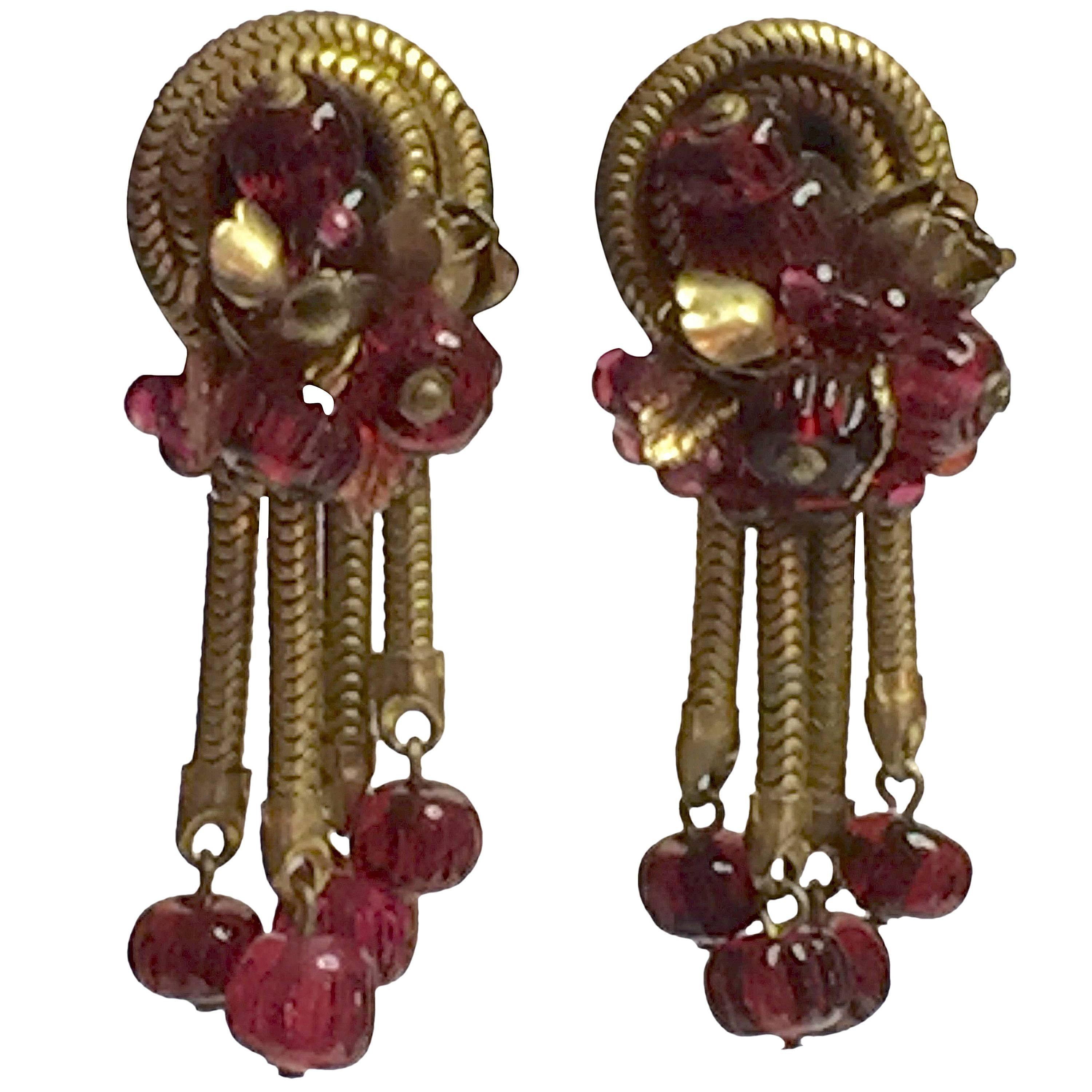 1960's Robert Rousselet Cranberry Gripoix Glass and Goldtone Drop Earrings For Sale