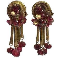 1960's Robert Rousselet Cranberry Gripoix Glass and Goldtone Drop Earrings 2
