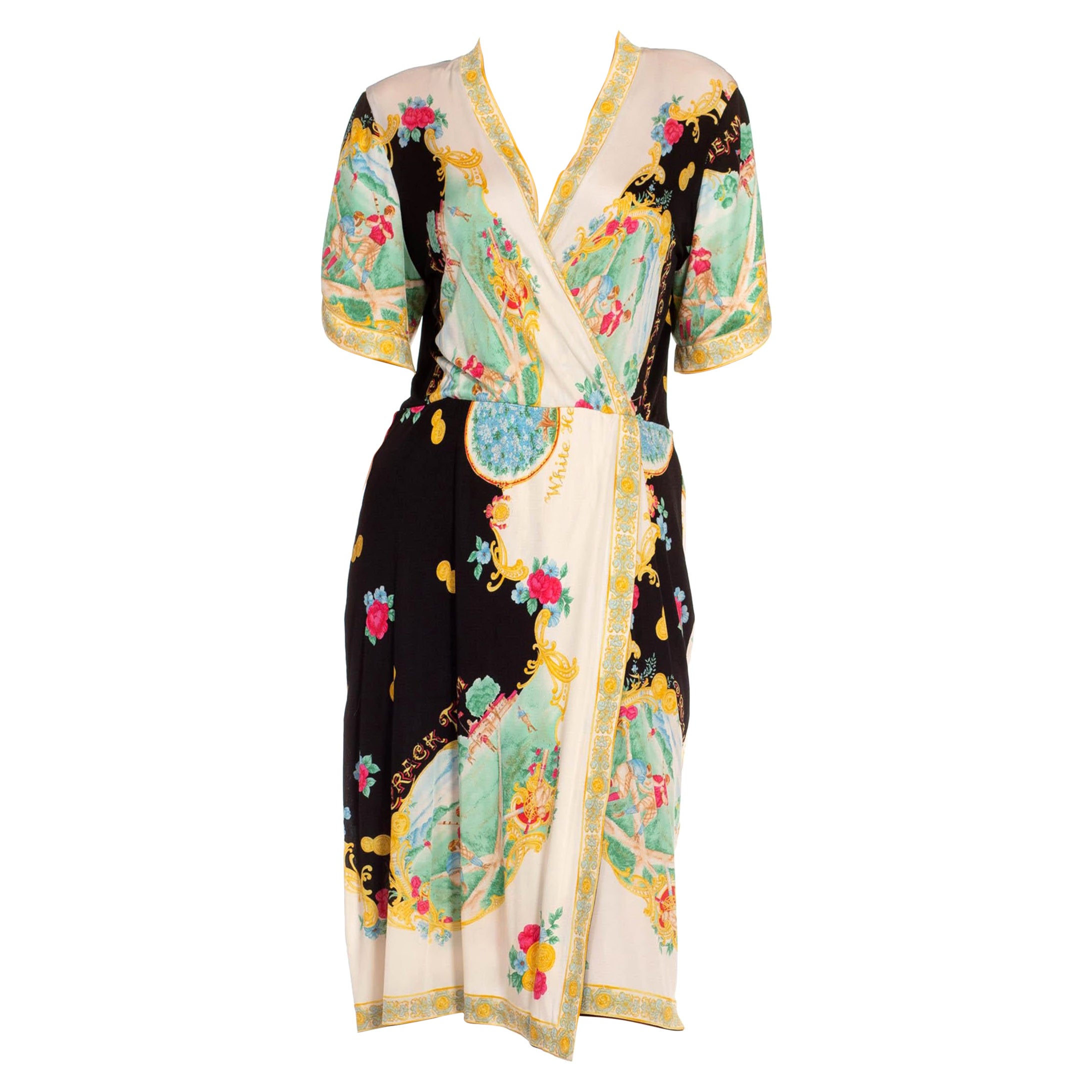 1980S Black & White Silk Jersey Italian Art Deco Printed Dress For Sale