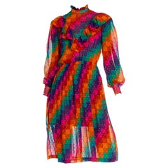 1970S Pink & Purple Silk Chiffon Geometric Ruffle Dress