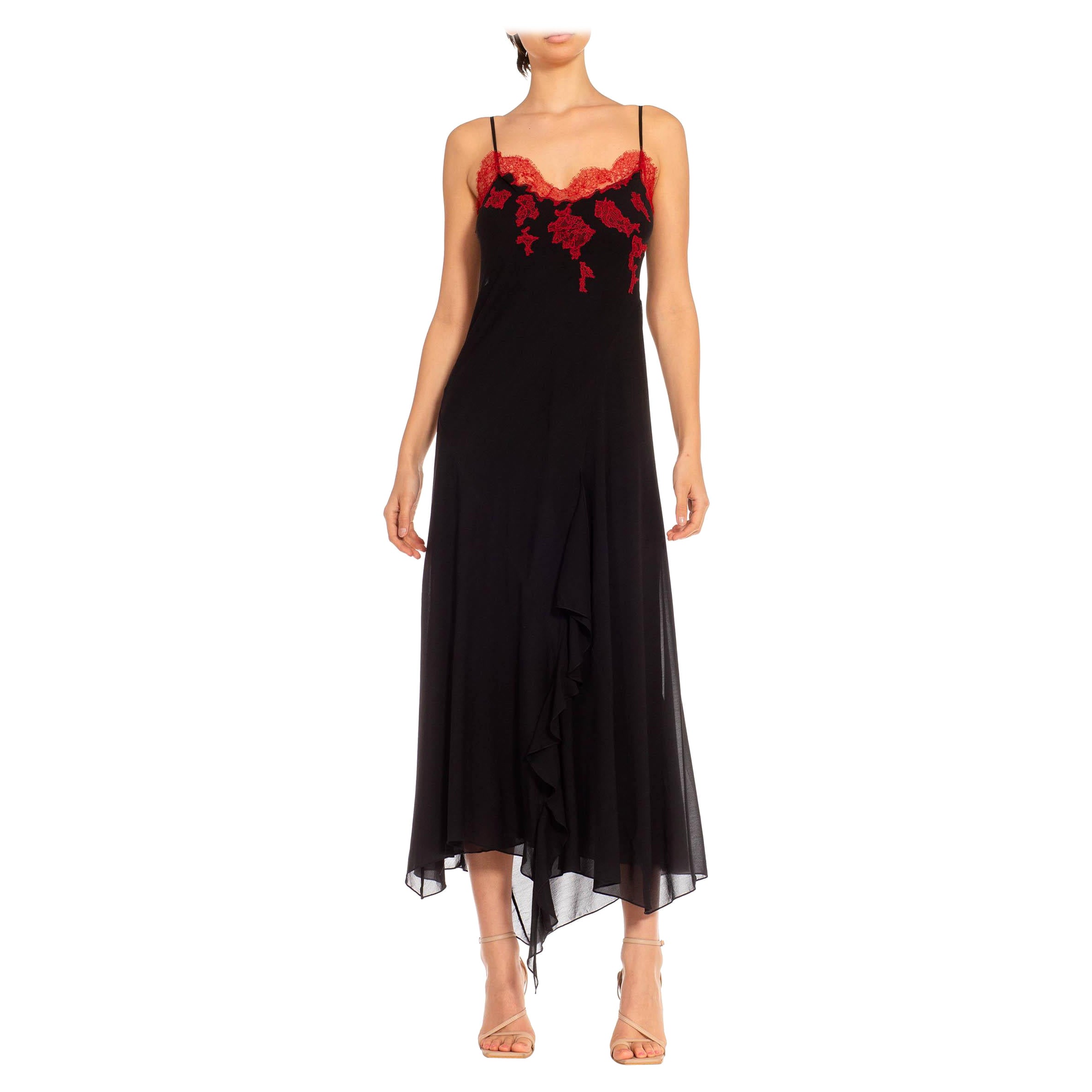 1990S Black & Red Silk Lace Trim Appliqué Bias Cut Slip Dress