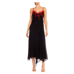 1990S Black & Red Silk Lace Trim Appliqué Bias Cut Slip Dress