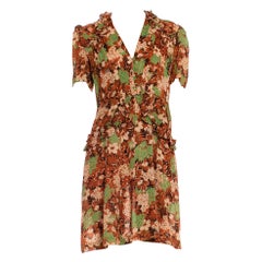1930S Green & Brown Silk Flower Printed Dress