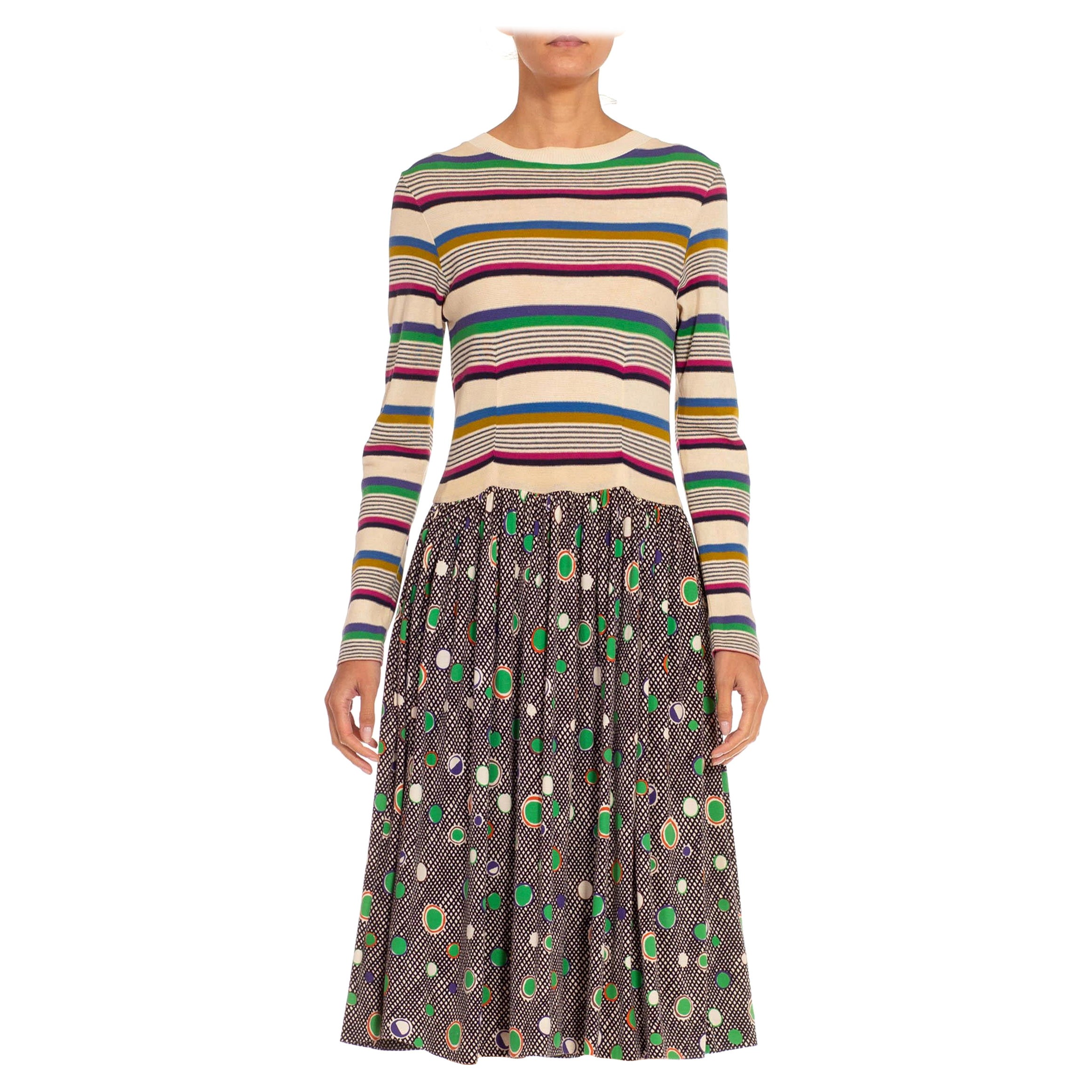 1970S Missoni Cream & Green Knit Striped Polka Dot Dress For Sale