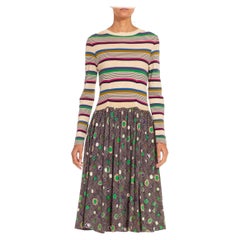 1970S Missoni Cream & Green Knit Striped Polka Dot Dress