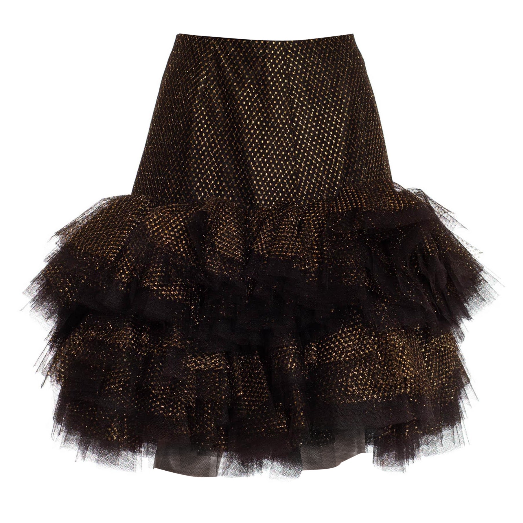 1980S Jacqueline De Ribes Black & Gold Tulle Tiered Polka Dot Skirt For Sale
