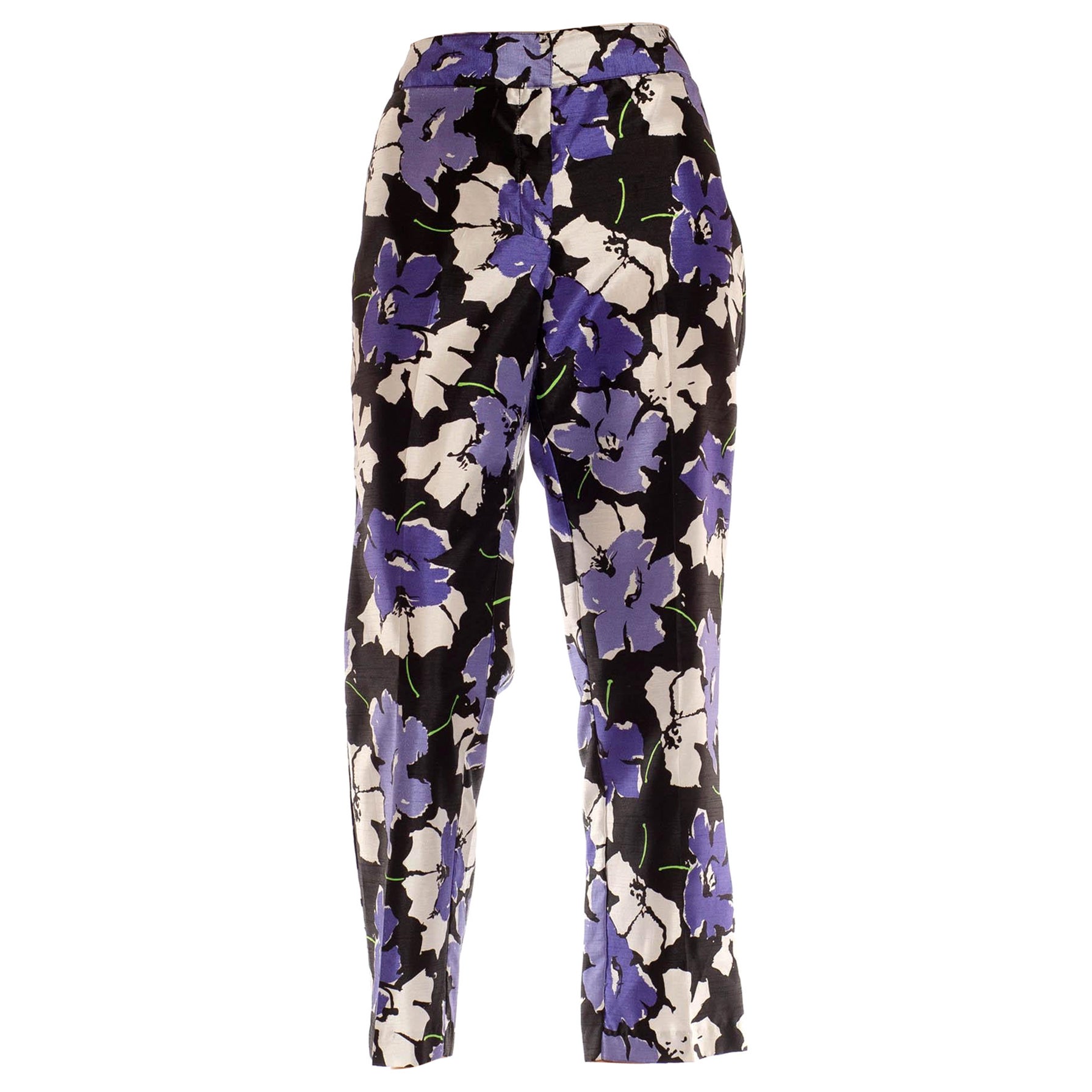 Pantalon en polyester noir et violet à imprimé floral Pop Art des années 1990