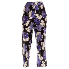 1990S Black & Purple Polyester Pop Art Floral Print Pants