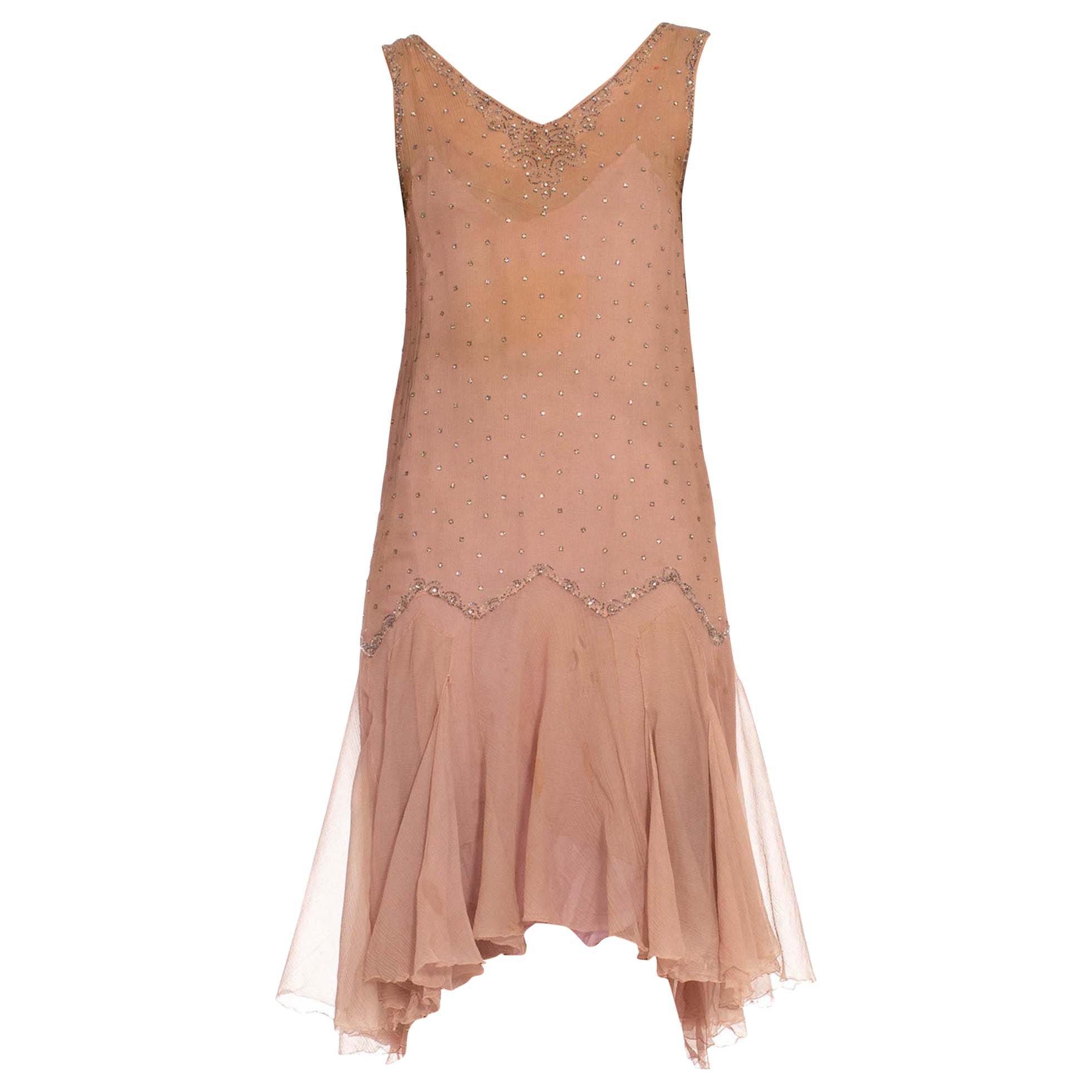 1920S Dusty Rose Silk Chiffon Flapper Dress Embellished With Crystals
