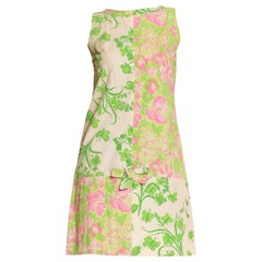 1960S Lilly Pulitzer Green & Pink Cotton Patch Worked Floral Shift Dress