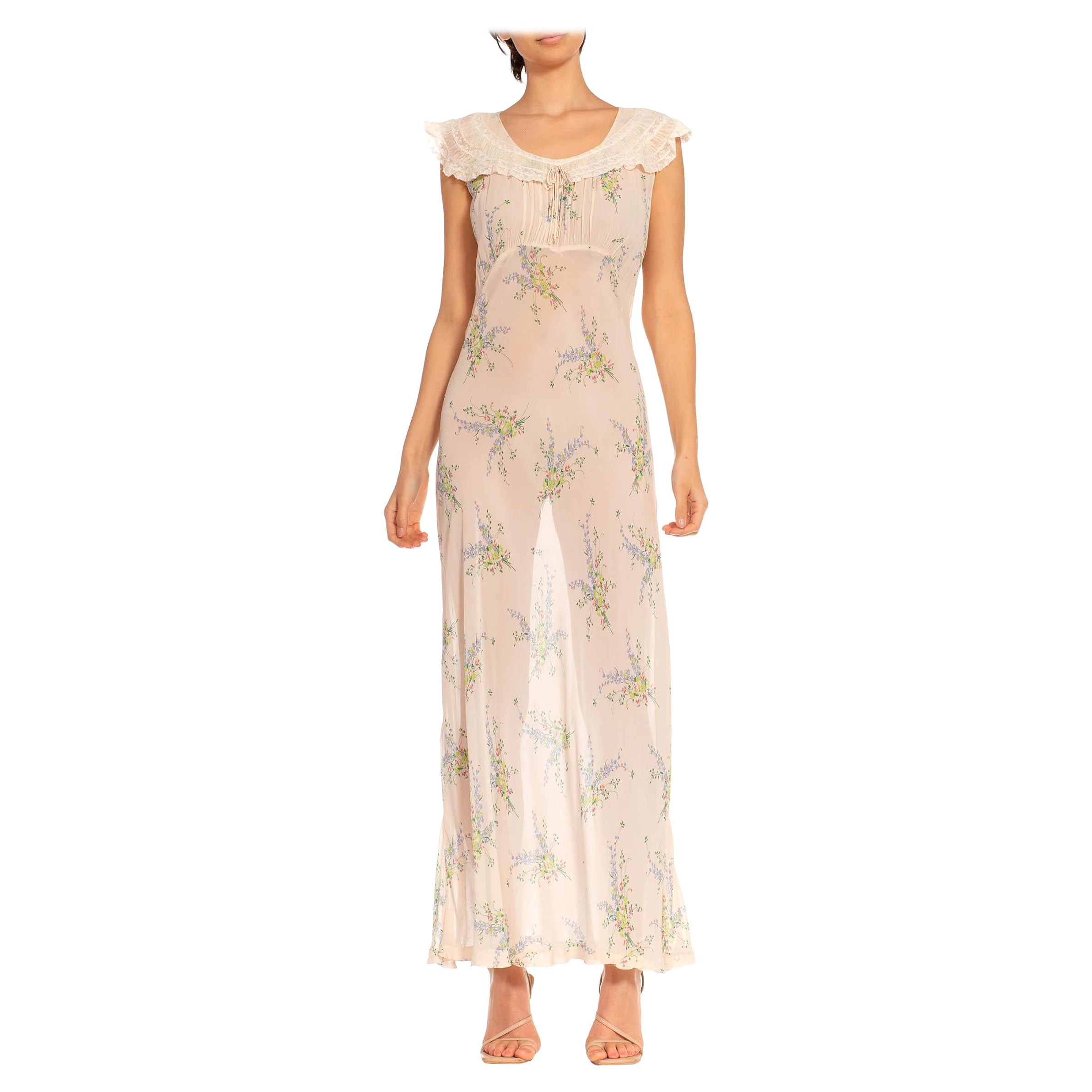 1930S White & Blue Nylon Floral Slip Dress With Lace Trim Neckline