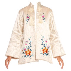 Vintage 1950S Cream Satin Quilted Embroidered Bed Jacket