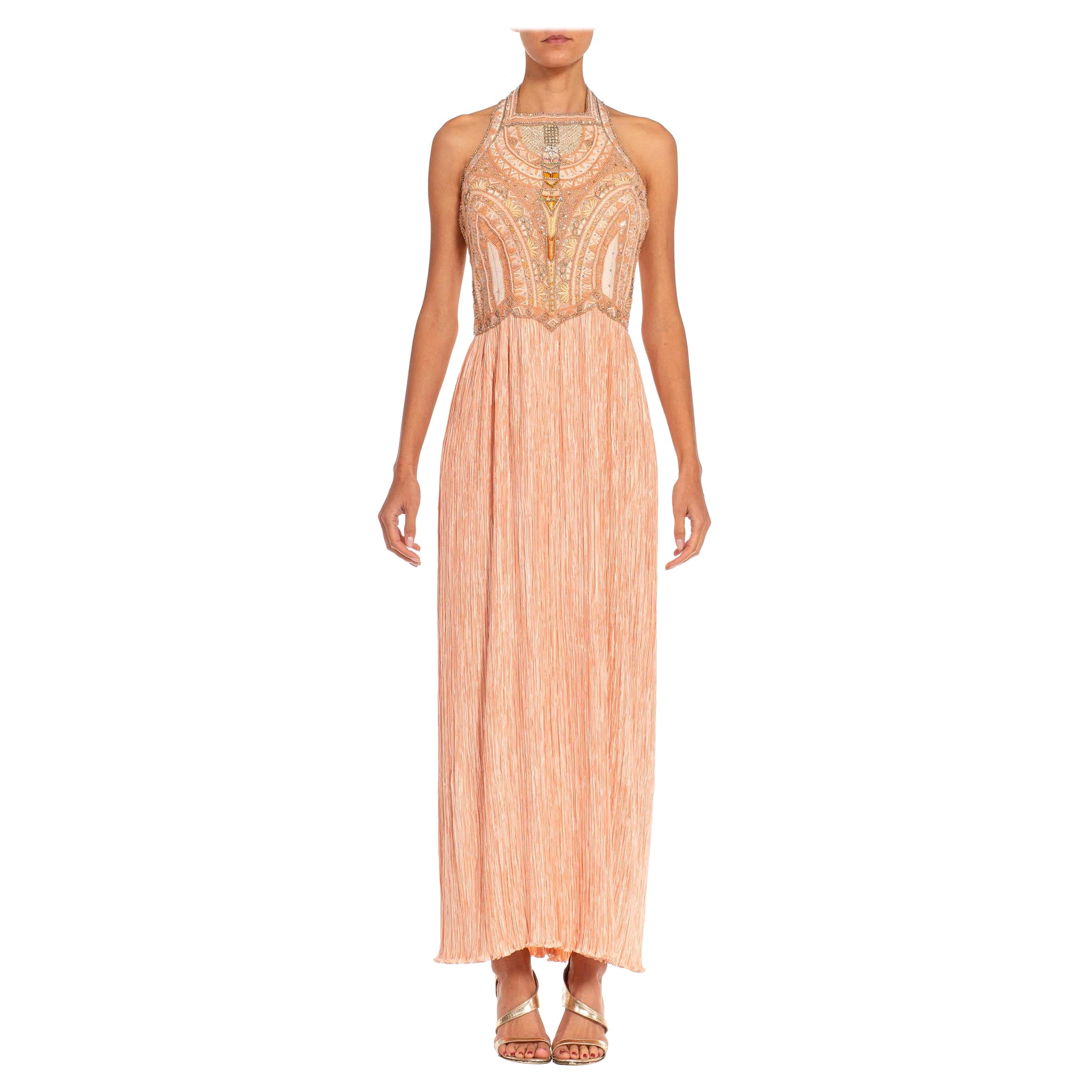 1970S Mary Mcfadden Blush Pink & Silver Silk Beaded Bodice Pleated Skirt Gown For Sale