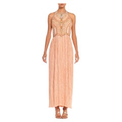 1970S Mary Mcfadden Blush Pink & Silver Silk Beaded Bodice Pleated Skirt Gown