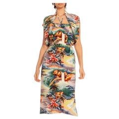 1940S Green & Orange Cotton Silk Hawaiian Printed Dress Bolero Ensemble