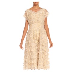 Retro 1950S Cream Hand Embroidered Silk Floral Dress