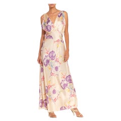 Vintage 1930S Cream & Purple Nylon Bias Cut Floral Slip Dress