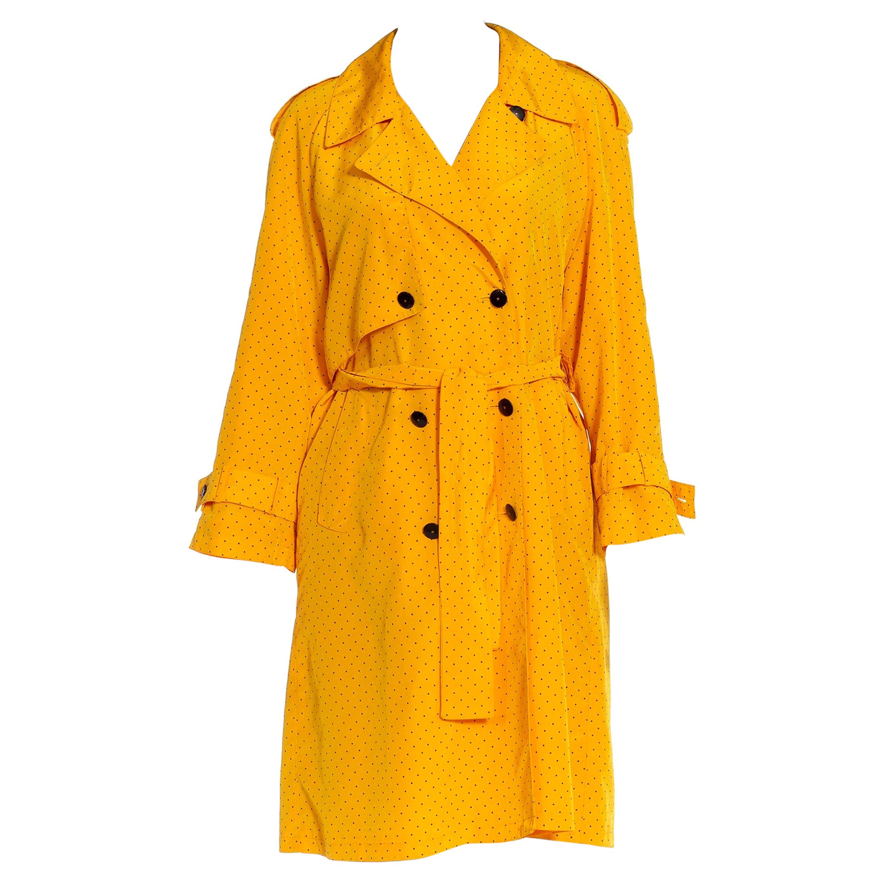 1980S Yellow & Black Polka Dot Double Breast Trench Coat With Pockets