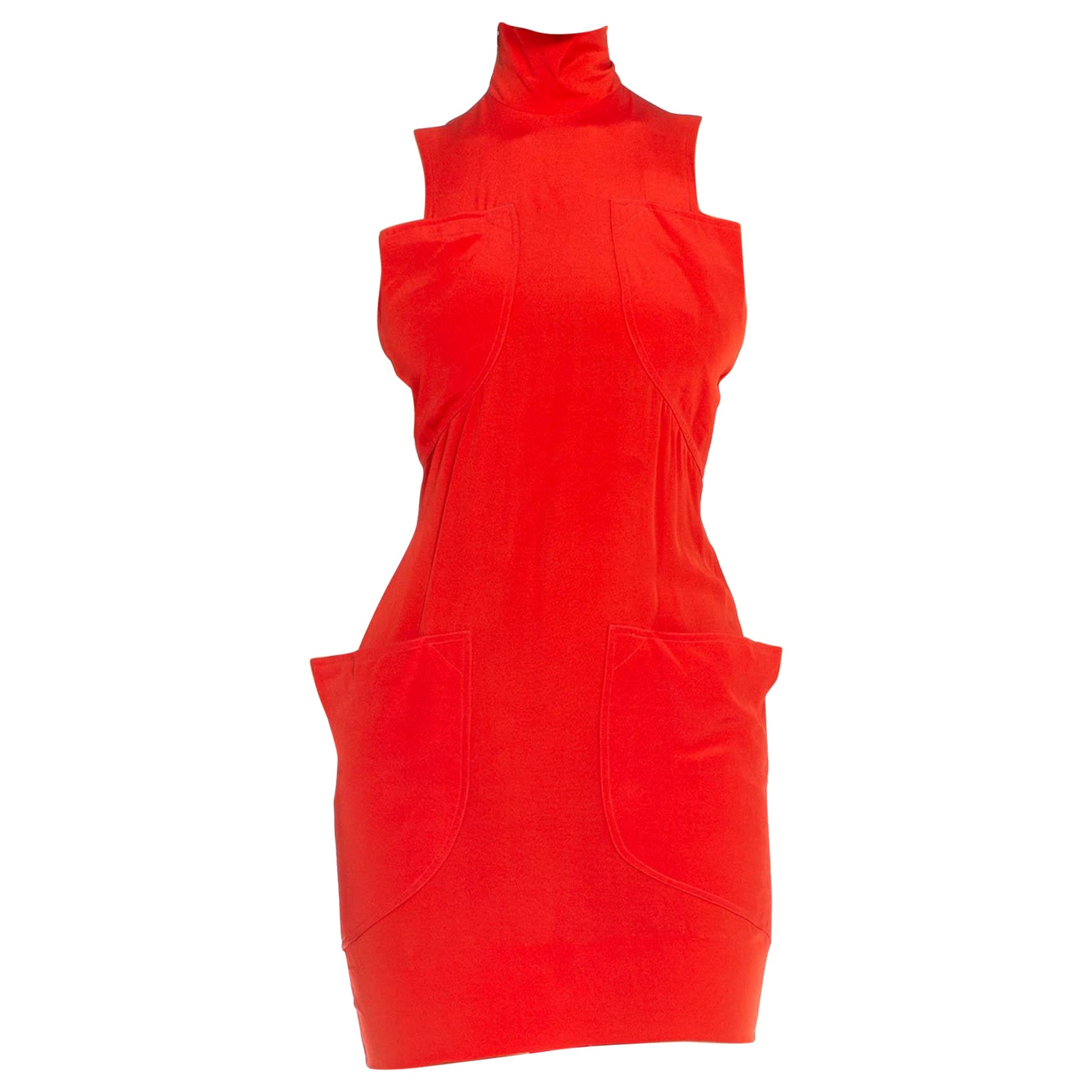 1990S Karl Lagerfeld Red Cotton Exposed Pockets Dress For Sale