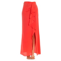 1990S Gianfranco Ferre Coral Silk Crepe Asymmetrical Draped Ruffle Skirt